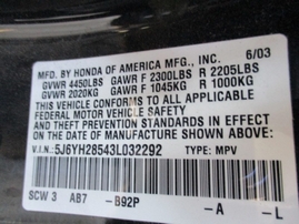 2003 HONDA ELEMENT EX BLACK 2.4L VTEC AT 4WD A15262